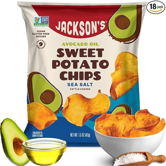 Jackson???Sweet Potato Kettle Chips with Sea Salt made with Premium Avocado Oil (1.5 Ounce, Pack of 18) - Allergen-friendly, Gluten Free, Peanut Free, Vegan, Paleo Friendly - Shark Tank Product