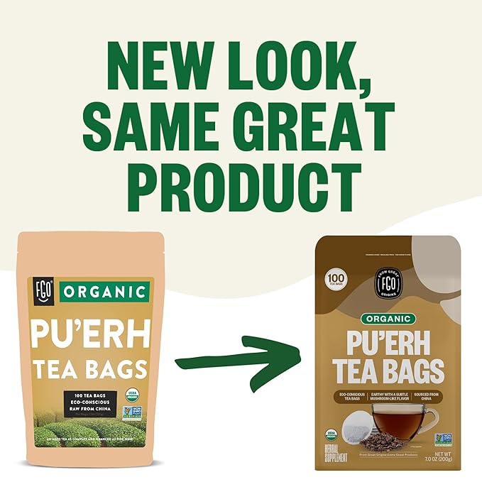 FGO Organic Pu'erh Tea, 100 Count, Eco-Conscious Tea Bags, Resealable Bag, Packaging May Vary (Pack of 1)