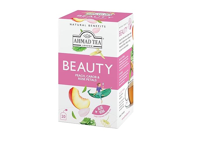 Ahmad Tea Herbal Tea, Peach, Carob, and Rose Petals 'Beauty' Natural Benefits Teabags, 20 ct (Pack of 1) - Decaffeinated & Sugar-Free