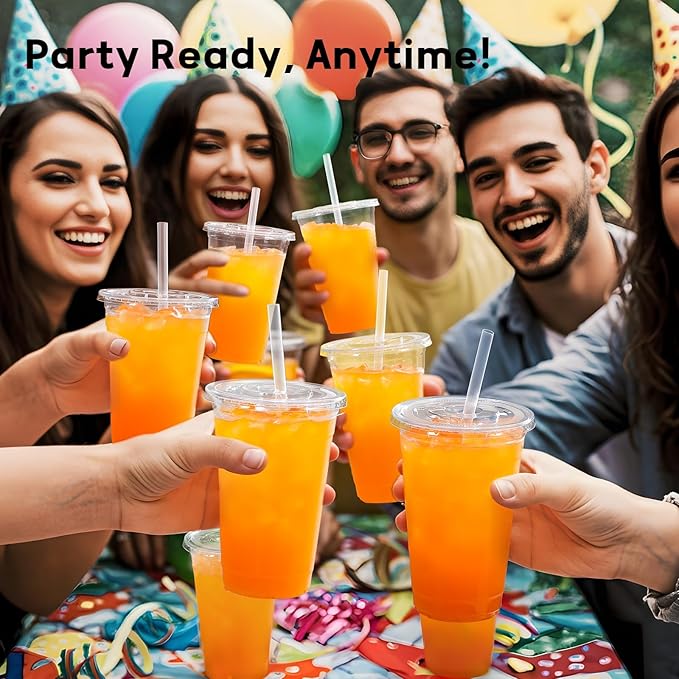 AOZITA 100 Pack 20 oz Disposable Plastic Cups with Lids and Straws, Clear Iced Coffee Cups for Cold Beverages, Smoothies, Iced Coffee, Leak-Proof, BPA-Free