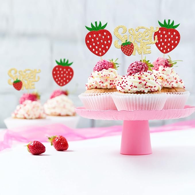 24Pcs Strawberry Sweet One Cupcake Toppers Glitter First Birthday Strawberry Cupcake Picks for Fruit Theme Baby Shower Kids 1st Birthday Anniversary Party Cake Decorations Supplies