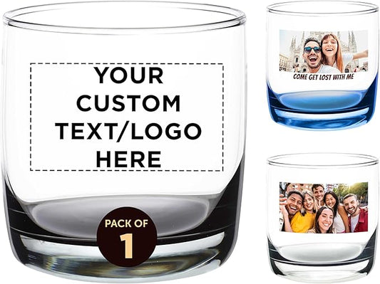 Custom Whiskey Glasses 10 oz Set of 1, Personalized text, logo and picture - Heavy Base Old Fashioned Glass, Perfect for Scotch, Bourbon, Whiskey, Cocktail - Black Bottom Color