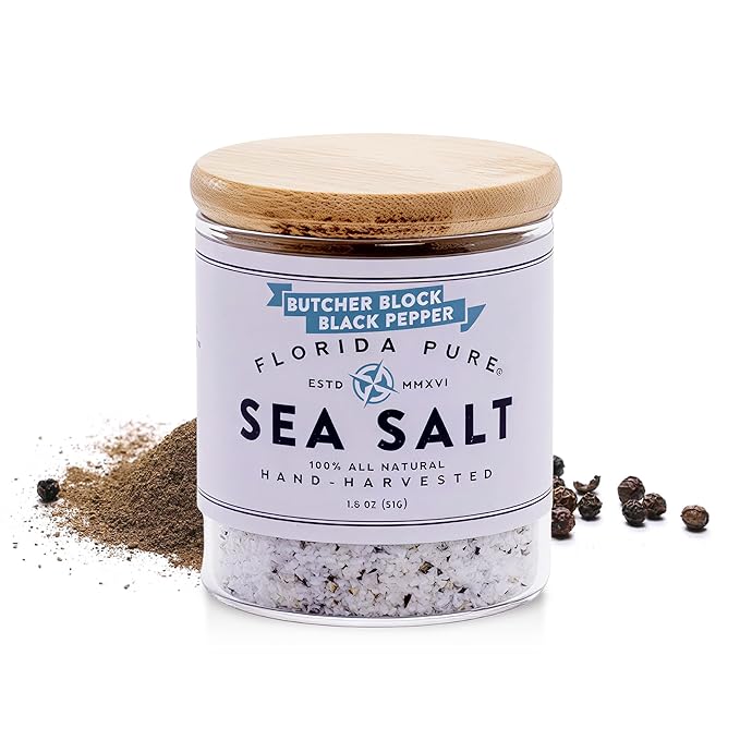 FLORIDA PURE Black Pepper Sea Salt - 80+ Mineral Sea Salt, Natural, Unrefined, Non Iodized - for Baking, Cooking, Seasoning & Enhancing Taste - Rich in Taste Flaky Sea Salt (1.8 oz Jar)