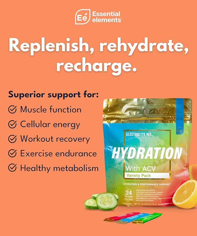 Essential Elements Hydration Packets - Electrolytes Powder Packets Sugar Free - 48 Stick Packs of Electrolytes Powder No Sugar - Electrolyte Water Drink Mix with ACV & Vitamin C - Variety Pack