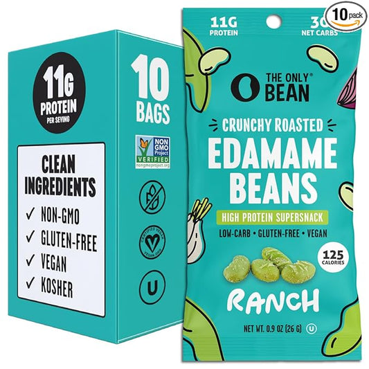 The Only Bean High Protein Snacks, Healthy Snacks for Adults and Kids, Vegan and Low Carb Snacks, Individual Gluten Free Keto Snacks - Edamame Beans Snack (Ranch) - 0.9oz (Pack of 10)