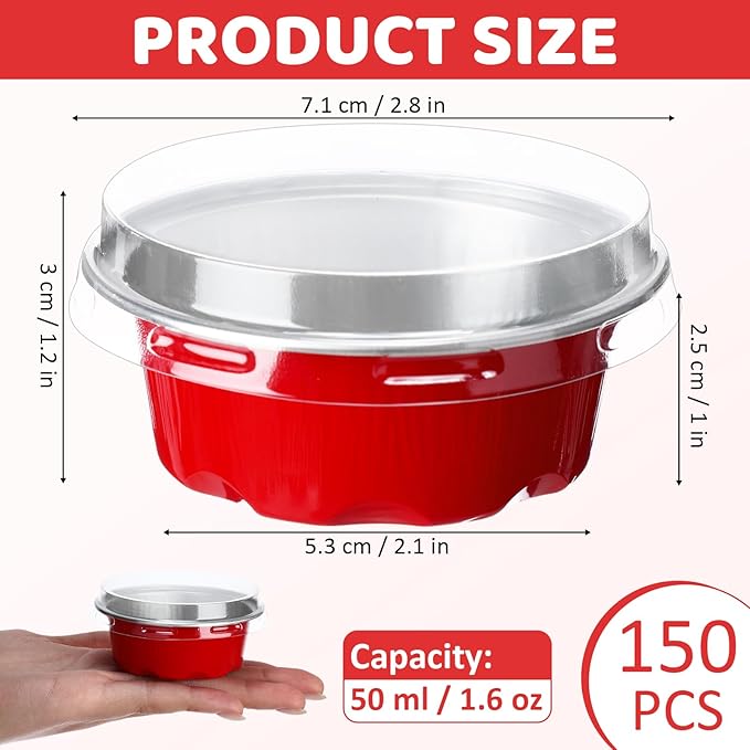 Eaasty 150 Pcs Baking Cups with Lids, 1.6 oz Muffin Cupcake Liners Aluminum Foil Mini Cake Pans Small Disposable Ramekins Flan Containers with Lids for Christmas, Birthday, Various Holiday(Red)