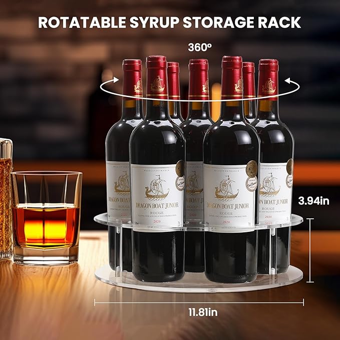 IEEK Large Rotating Coffee Syrup Organizer 7 Bottles Clear Acrylic Coffee Syrup Rack for Countertop Syrup Bottle Holder Stand With Anti Slip Pad for Coffee Bar Station,Turntable Wine Display Tray