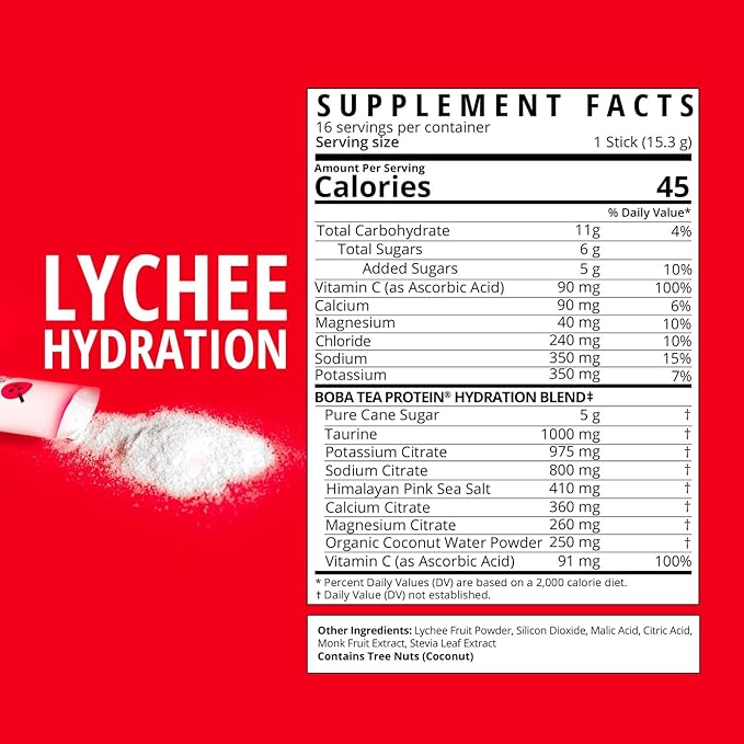 Boba Tea Hydration | Electrolyte Powder Drink Mix | Lychee | 1000mg Electrolytes, Vitamin C | 16 Stick Packets