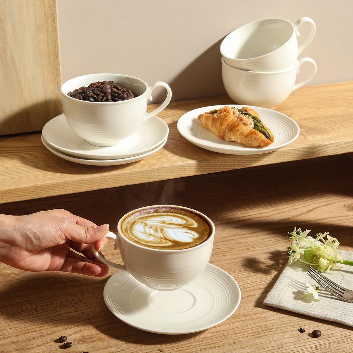 Feenmai 12 oz Cappuccino Cups with Saucers, Ceramic Espresso Coffee Cups Set of 4, White Latte Cup