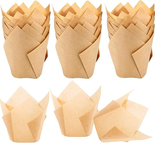 150pcs Tulip Cupcake Liners Natural Baking Cups Muffin Paper Liner Grease-Proof Wrappers for Wedding, Birthday Party, Standard Size, Natural Color