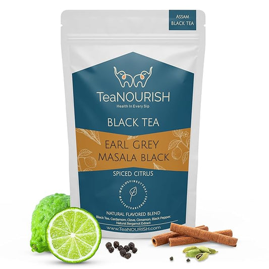 TeaNOURISH Earl Grey Masala Black Tea | Spiced Citrus | Assam Loose Leaves | Blended with Indian Aromatic Spices & Natural Bergamot Extract | 100% NATURAL - 3.53oz/100g