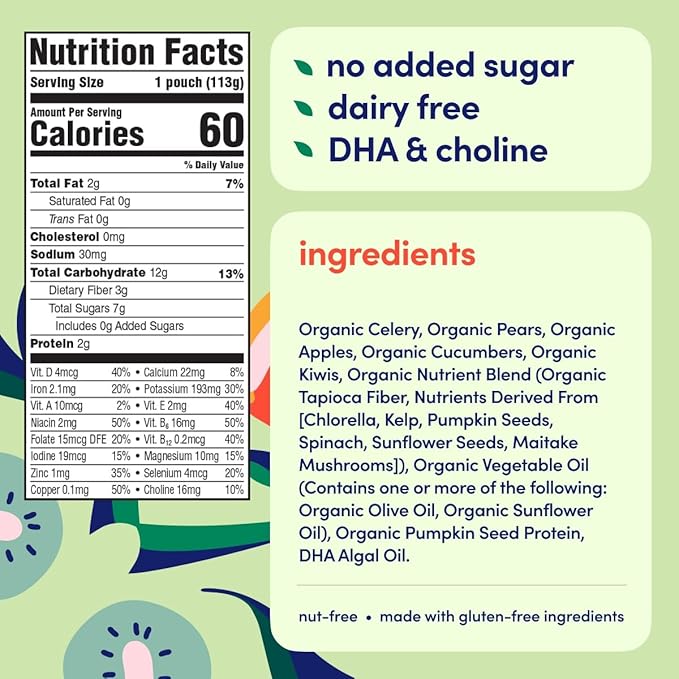 Cerebelly Organic Baby Food Pouches ??Dairy Free Smoothies for Toddlers | No Added Sugar, Fiber, Non-GMO | Toddler Smoothie Pouches | 4oz BPA-Free Baby Food | Celery Apple Kiwi | 12 Count