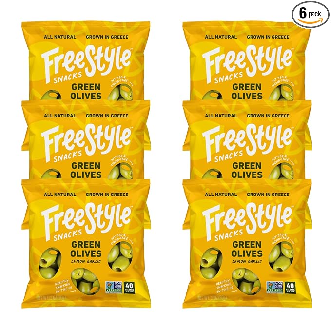 Freestyle Snacks Olive Snack Packs - Single Serve - Fresh Pitted Green Olives, Jumbo-Sized, Grown in Greece, All Natural, Non-GMO, Paleo, Sugar-Free, Keto, Salty Snack - Lemon Garlic, 1.1oz (6 Pack)