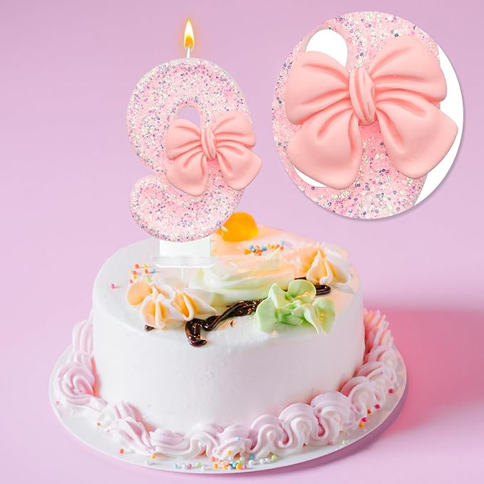 Pink Glitter Bow Birthday Candles, Number 9, Smokeless, Eco-friendly, Non-toxic