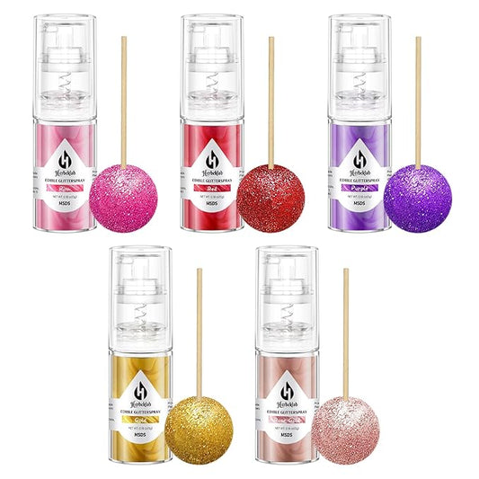 Edible Glitter Spray - Herbeklab 5 Colors Gold Rose Gold Pink Red Purple Edible Spray Glitter Food Grade Metallic Shimmer Powder Cake Sprinkles for Cookie Decorating Chocolate Strawberry, 5g/Bottle