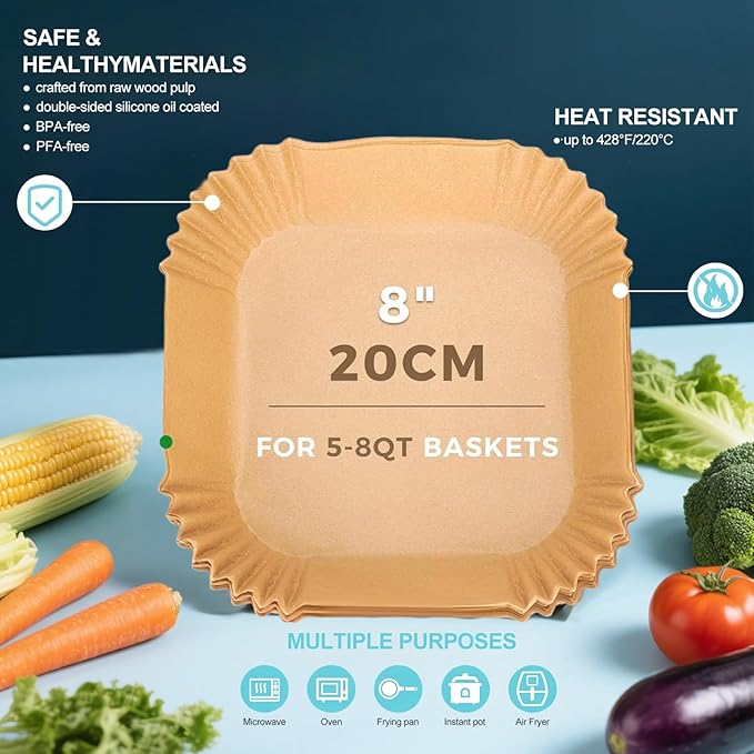150-Piece 8.7" Square Disposable Parchment Liners ??Non-Stick Paper for Air Fryers, Perfect for Baking, Roasting & Microwave Use