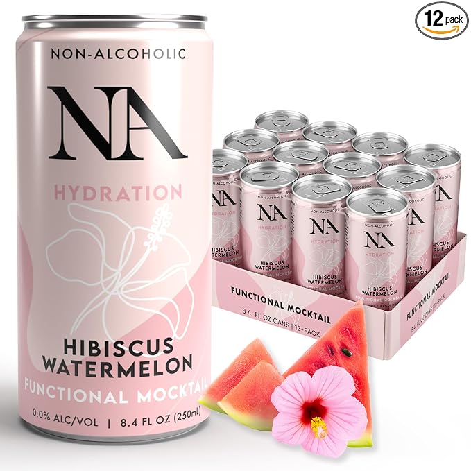 NA Functional Non-Alcoholic Drinks with Mushrooms & L-Theanine | Sea Salt for Hydration | Low Sugar, Low Calorie Adaptogen Social Tonic, Hibiscus Tea and Watermelon Mocktail, 8.4oz Cans (12 Pack)