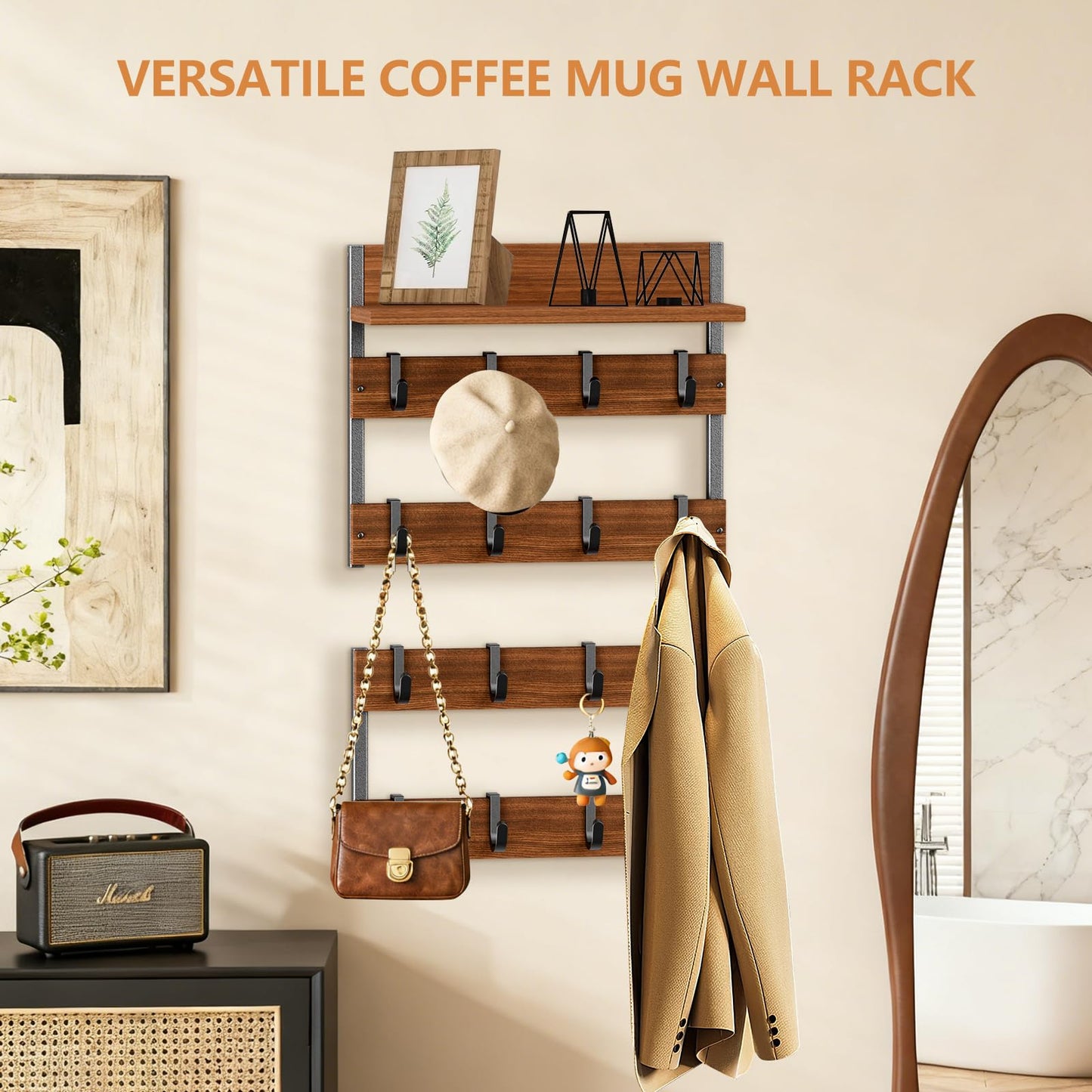 Dhmkfly 2-in-1 Coffee Cup Holder Wall Mounted with 16 Adjustable Hooks