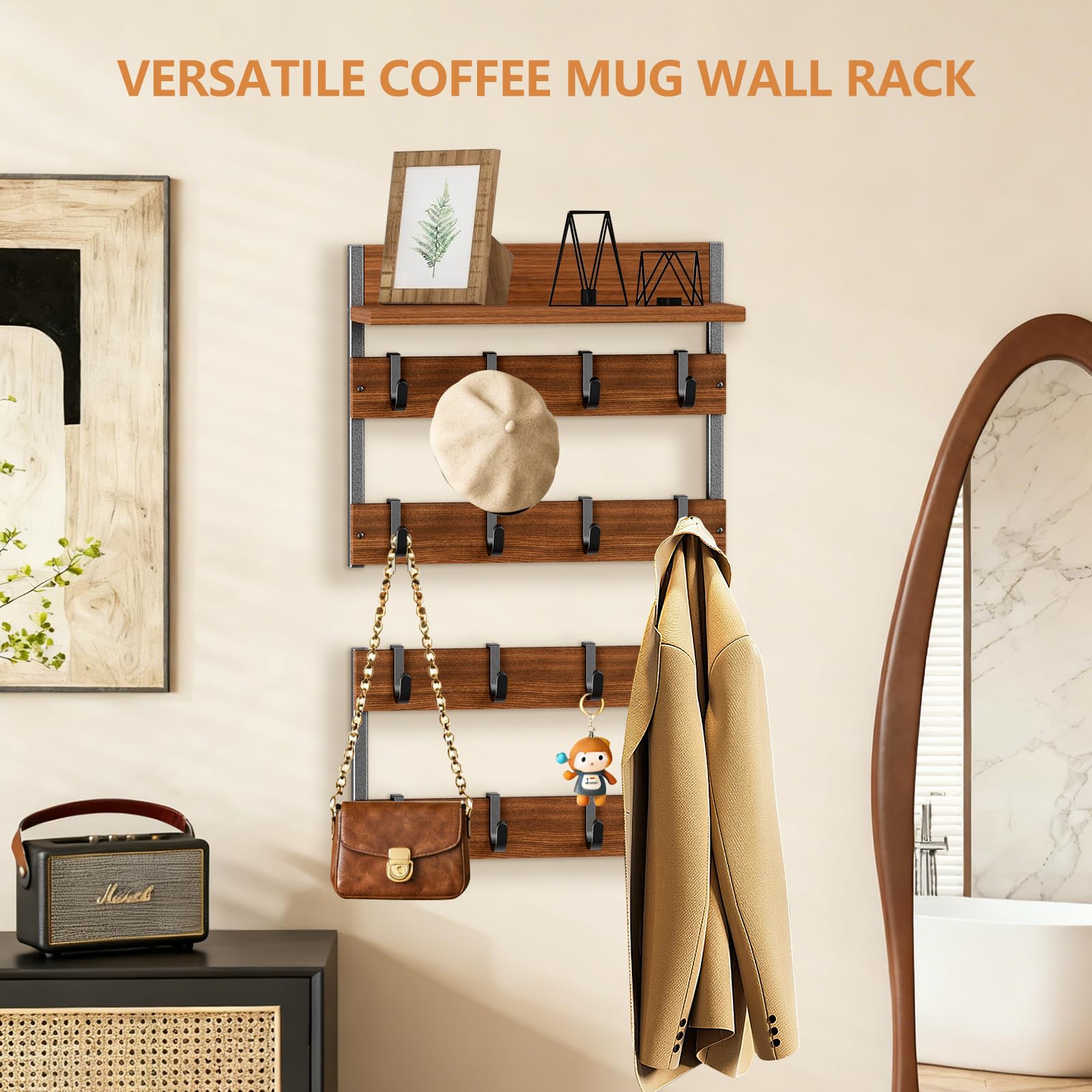 Dhmkfly 2-in-1 Coffee Cup Holder Wall Mounted with 16 Adjustable Hooks