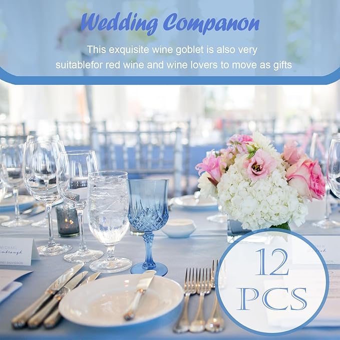 12 PCS Blue Plastic Wine Glasses,Reusable Plastic Wine Glasses,Blue Goblet Glass,Durable and Sturdy Cups Can Be Used for Various Parties Such as Weddings!