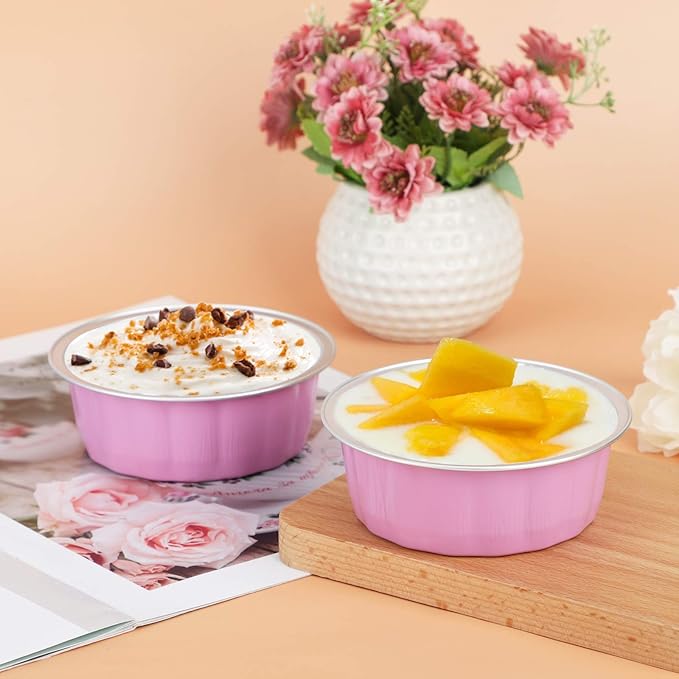 Beasea 8 oz 50 Pack Disposable Ramekins with Lids - Pink Aluminum Foil Cups for Creme Brulee, Muffin, Cupcake, Pudding, Party, Wedding, Birthday Baking