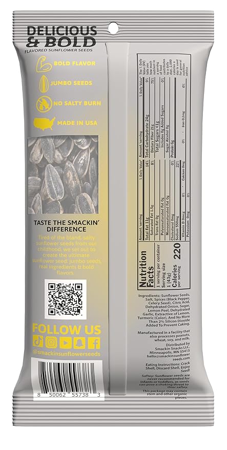 SMACKIN' Sunflower Seeds, Roasted Jumbo Small-Batch, American Made - Lemon Pepper. 1.5oz bags (36 Pack)