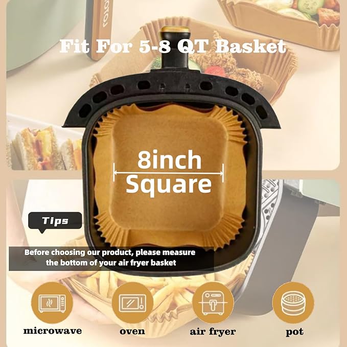 400Pcs 8 Inch Air Fryer Paper Liners Disposable,Square Non-Stick & Oil-Proof Parchment Paper Liners for 5-8 QT Air Fryer,Unbleached Airfryer Liners for Baking,Roasting,and Microwave