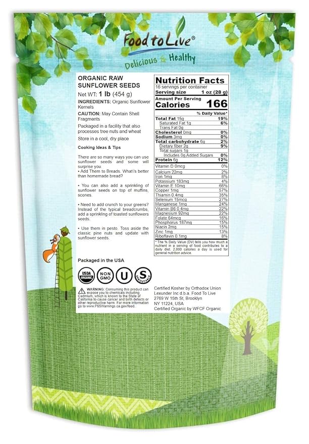 Food to Live - Organic Sunflower Seeds, 1 Pound - Hulled, Raw, Non-GMO, Dried Kernels, Unsalted, Kosher, Vegan, Keto, Paleo, Sirtfood, Bulk