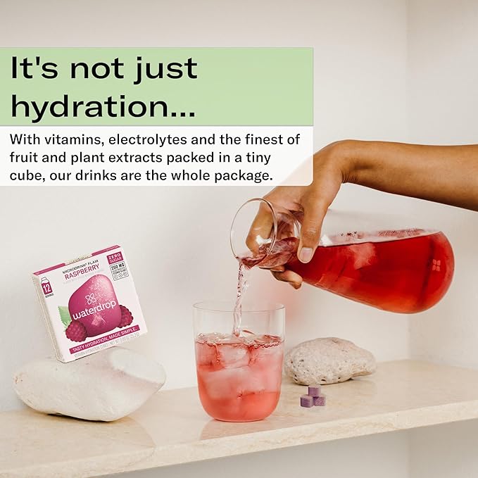 Waterdrop Hydration Cubes, Raspberry, Vitamin C, E & Potassium, On The Go Water Enhancer Drops for Still & Sparkling Water, Low Calorie, Zero Sugar, Gluten Free, Non GMO, Vegan, 48 CT