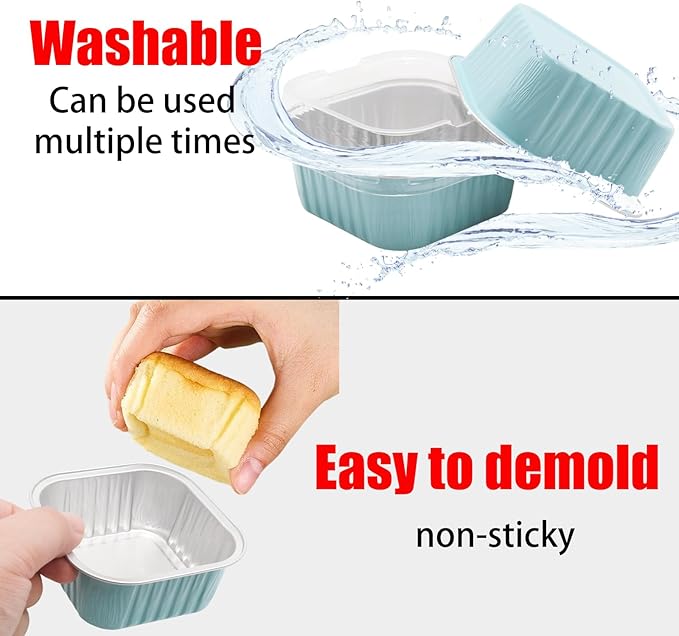 100 Pack 5oz Aluminum Pans with Lids Mini Square Foil Baking Cups with Lids Cupcake Baking Holders, Blue