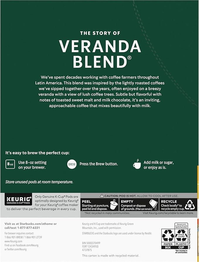 Starbucks K-Cup Coffee Pods, Starbucks Blonde Roast Coffee, Veranda Blend for Keurig Brewers, 100% Arabica, 4 boxes (96 pods total)
