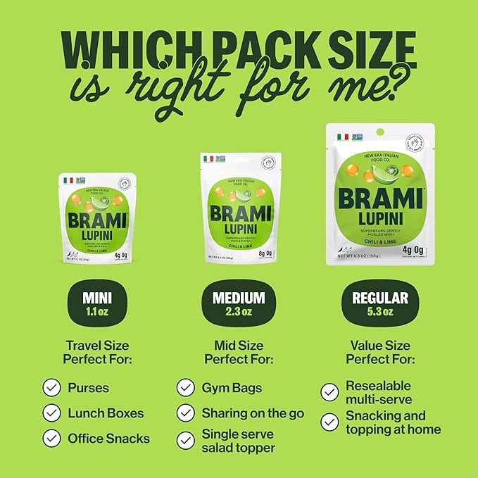 BRAMI Lupini Beans Snack, Chili & Lime | 7g Plant Protein, 0g Net Carbs | Vegan, Vegetarian, Keto, Plant Based, Mediterranean Diet, Non Perishable | 5.3 Ounce (Pack of 8)