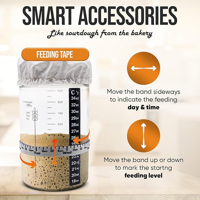Sourdough Starter Kit - 34oz Large Capacity Glass Fermentation Jar with Lid, Silicon Spatula, and Measuring Spoons - Beginner Sourdough Starter Kit, Sourdough Bread Baking Supplies, Fermentation Kit