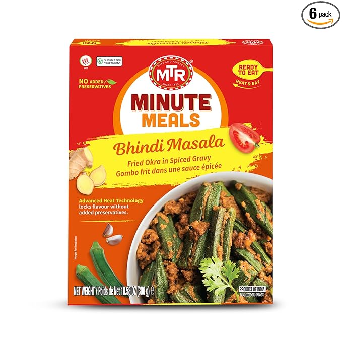 MTR - Bhindi Masala - Fried Okra in Spiced Gravy - Authentic Indian Ready To Eat Meal - Plant-Based, Delicious Microwave Food - Perfect for Quick and Nutritious Indian Cuisine Lovers - (Pack of 6)