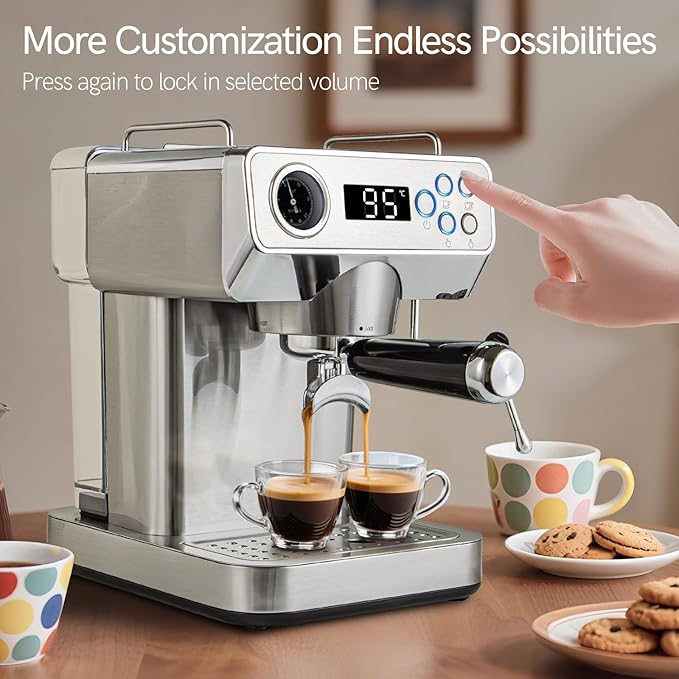 Espresso Machine, 20Bar Espresso Coffee Machine with Milk Frother & Temp Display, Stainless Steel Coffee Maker with 51oz Removable Water Tank for Latte, Cappuccino