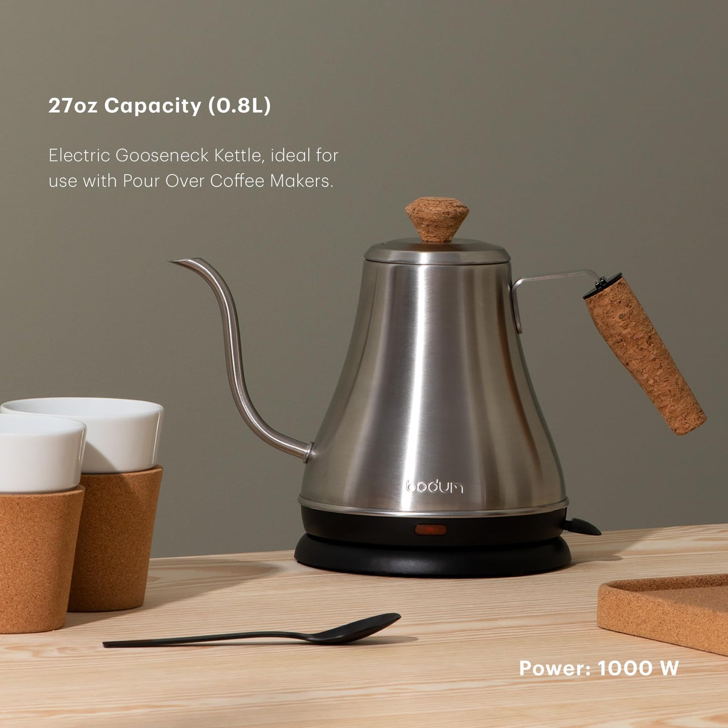 Bodum 27oz Melior Gooseneck Electric Water Kettle, Pour Over Coffee & Tea, Brushed Stainless Steel