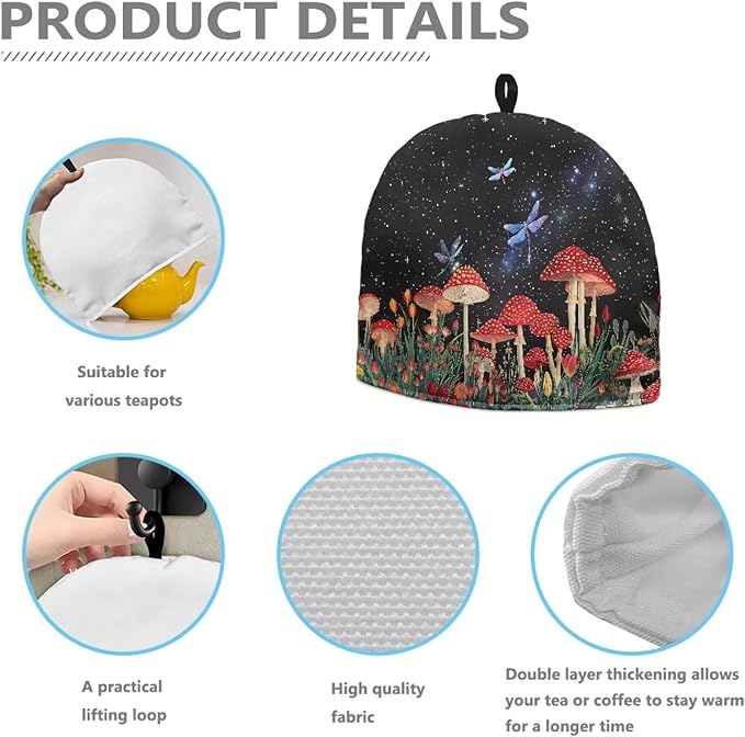 Mushroom Dragonfly Tea Cozy Cover Warmth Keep Teapot Cover Insulated for Coffee Tea Drinkers Reusable Domed Thick Tea Cozies Scratch Proof Teapot Cozy Breakfast Warmer with Cotton Filling