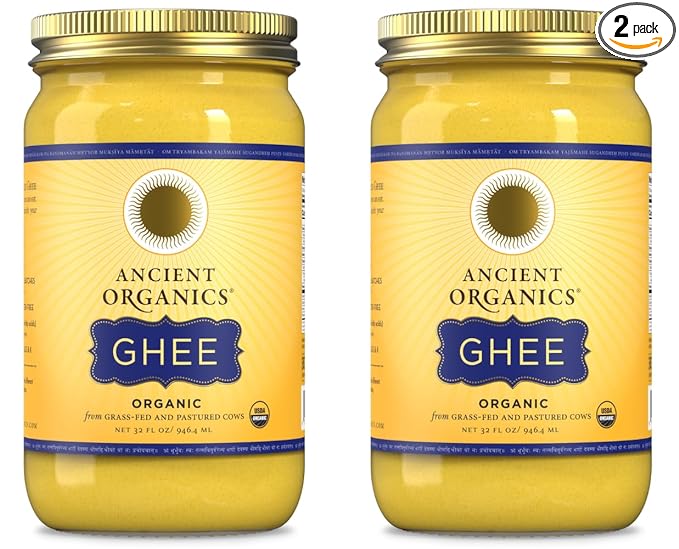 Ancient Organics Ghee - Gluten-Free Grass-Fed Clarified Kosher Vegetarian Ghee Butter with Vitamins & Omegas, Non-GMO, Lactose Free, 100% USDA Certified Organic, Made in USA - 32 Fl Oz 2-Pack