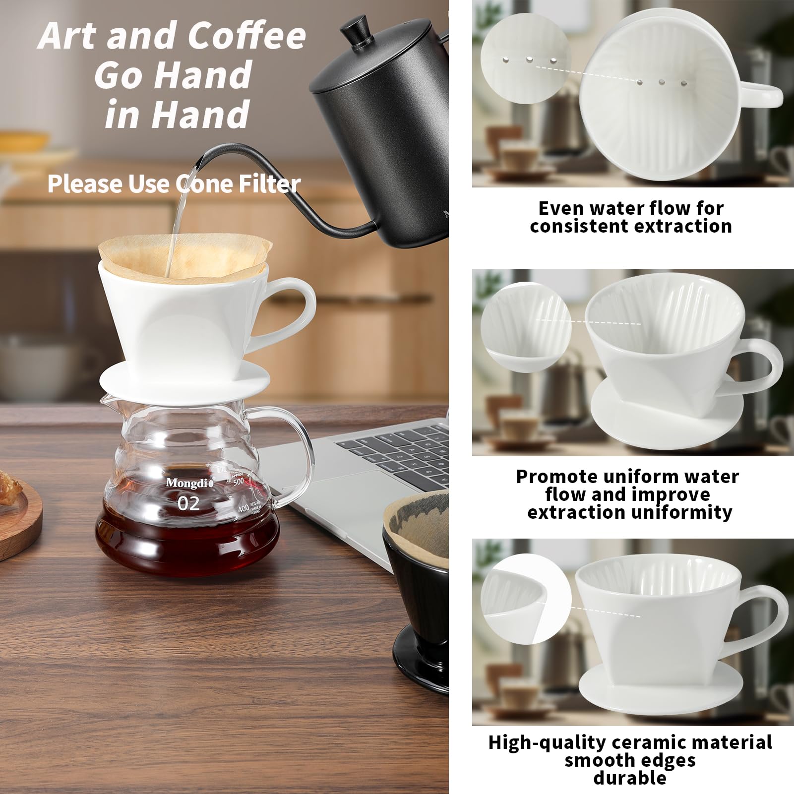 Mongdio Pour Over Coffee Maker, Ceramic Pour Over Dripper, Coffee Pour Over with 3 Holes Flat