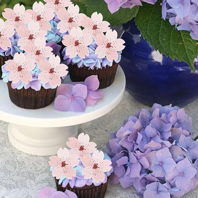 40 Pack Edible Cherry Blossom Cake Toppers Cherry Flowers Cupcake Toppers Rice Paper Wafer Paper Cake Picks for Cherry Blossom Theme Baby Shower Bridal Shower Kids Birthday Cake Decorations Pink