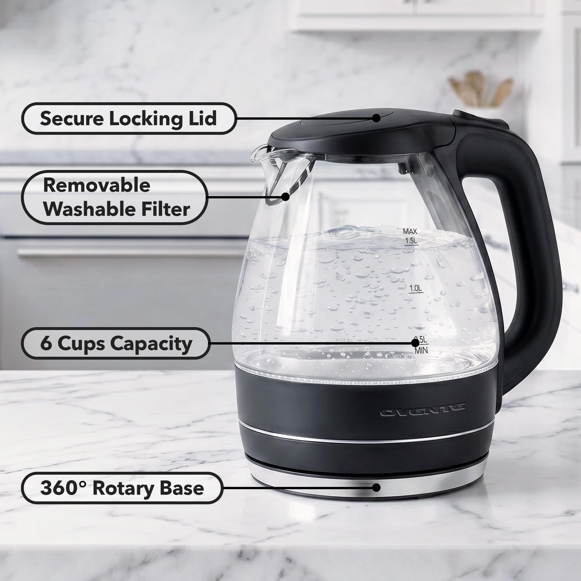 OVENTE 1.5L Glass Electric Kettle Water Boiler, Black KG83B