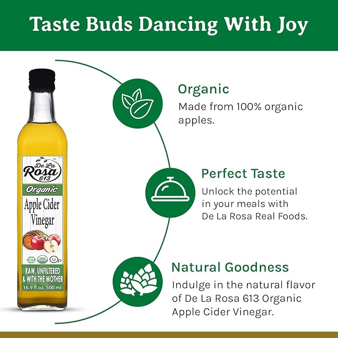 De La Rosa Organic Apple Cider Vinegar, Raw & Unfiltered, Kosher for Passover, Vegan & Gluten Free, Great for Salad Dressing & Marinades, Apple Cider with The Mother, 16.9 Oz (Pack of 2)