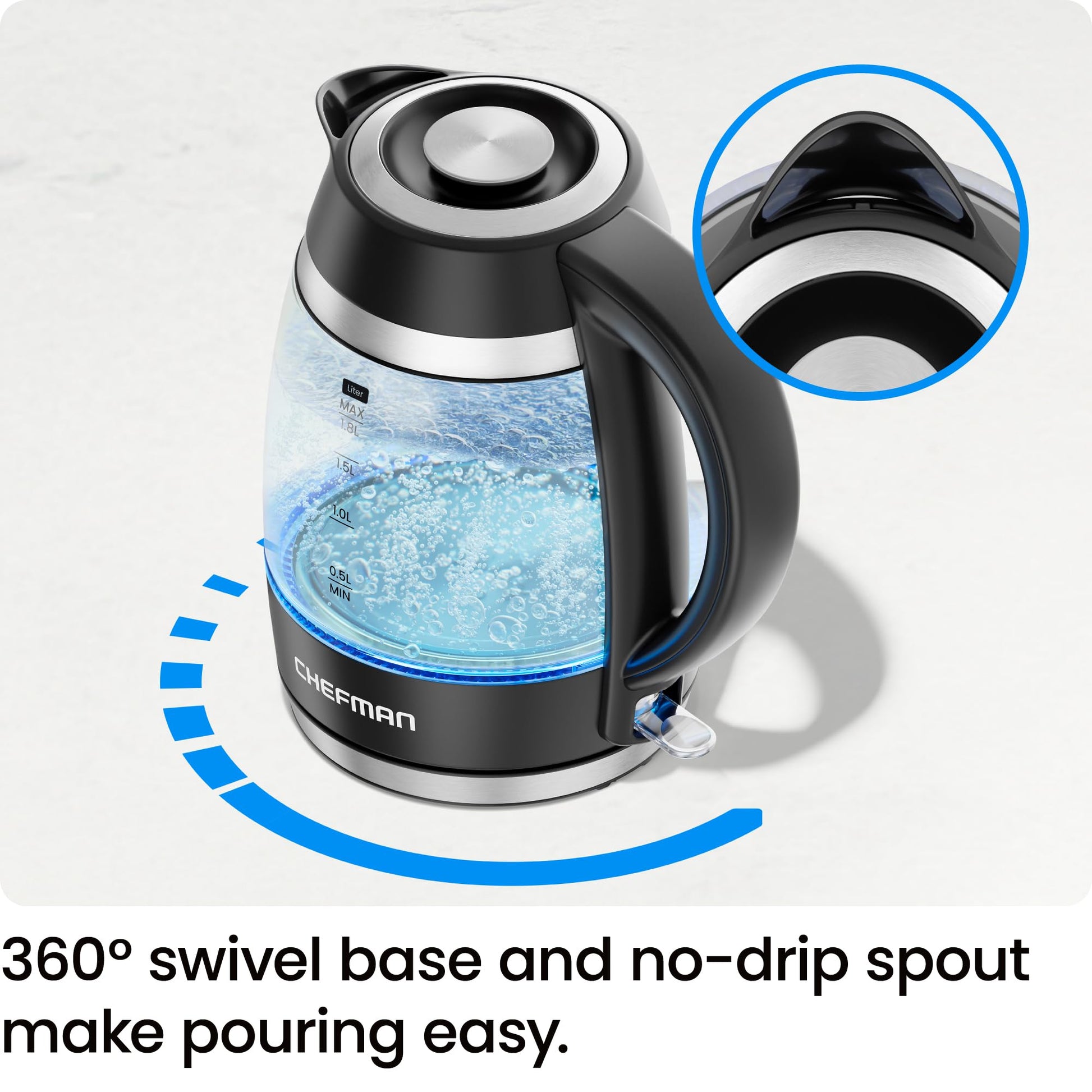 Chefman Electric Kettle, 1.8L 1500W, Hot Water Boiler, Removable Lid for Easy Cleaning, Auto Shut