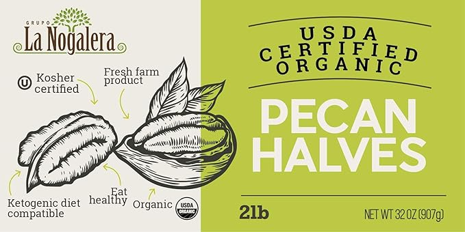 La Nogalera Organic - USDA and CCOF Certified Organic Shelled Pecan Halves in 2 pound bag. Pecan nut halves, NO SHELL, Non-GMO, Kosher and Halal Certified and Ketogenic friendly