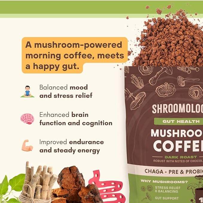 360 Nutrition Instant Mushroom Coffee with Chaga Superfood Mushroom and Prebiotics, Probiotics for Gut Health, and Focus Support | Dark Roast, No Added Sugar 5 oz (Gut Blend)