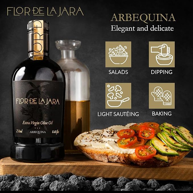 FLOR DE LA JARA Premium Extra Virgin Olive Oil from Spain, First Cold Pressed, Monovarietal Arbequina, Hand-Harvested Olives, Family-Owned Grove, Low Acidity (0.1%) - 8.45 fl oz (250ml)