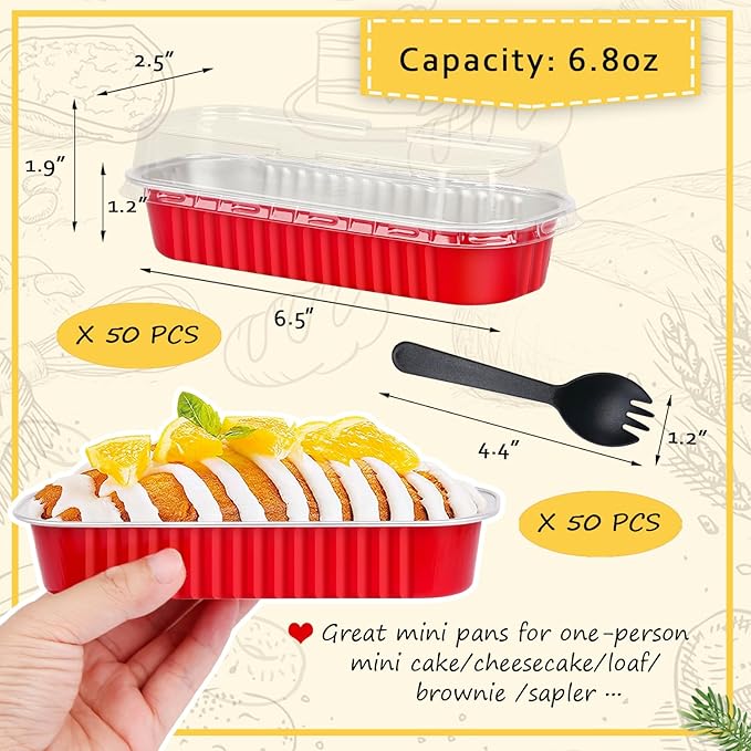 LNYZQUS Mini Baking Pans With Lids 50 Pack, 6.8oz Aluminum Foil Small Loaf Pans Tins Holders,Rectangle Baking Cups Muffin Tins,Disposable Ramekins Muffin Cups For Mini Cake Bread -Red