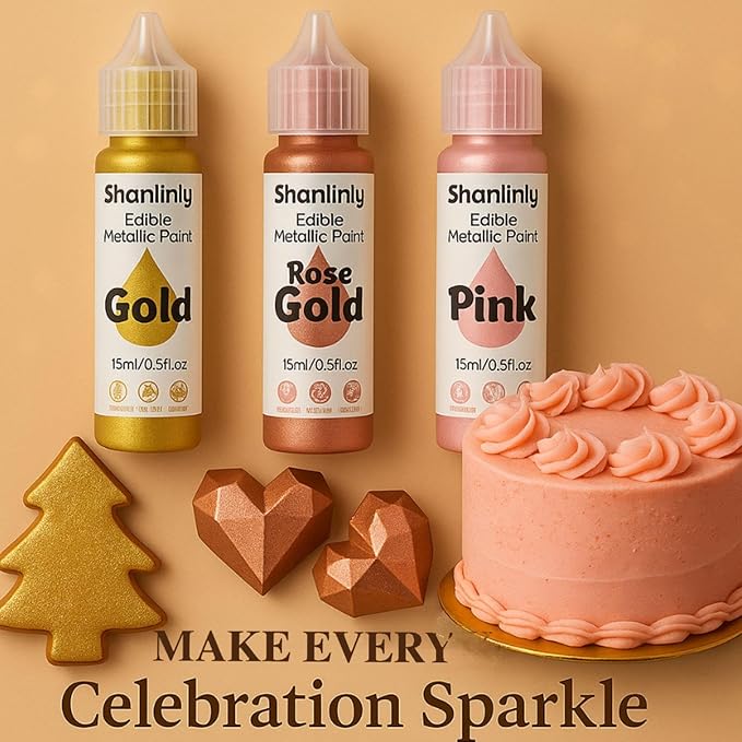 Edible Gold Metallic Paint for Baking ??Food Grade Edible Gold Dust Drink Glitter for Shimmer Cake Decorating, Cookies, Cupcakes, Cocktails ??15ml Perfect for Holidays, Wedding, Birthday Decorating