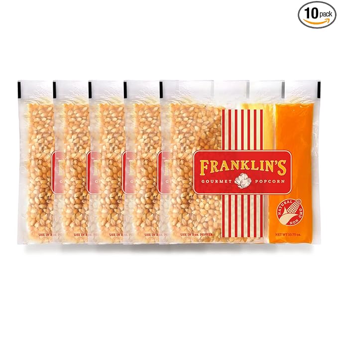 Franklin?셲 Gourmet Popcorn All-In-One Popcorn Packs for Popcorn Machine - 8oz Pack of 10 - Made in USA - Packs of Corn Kernels with Buttery Salt & Oil