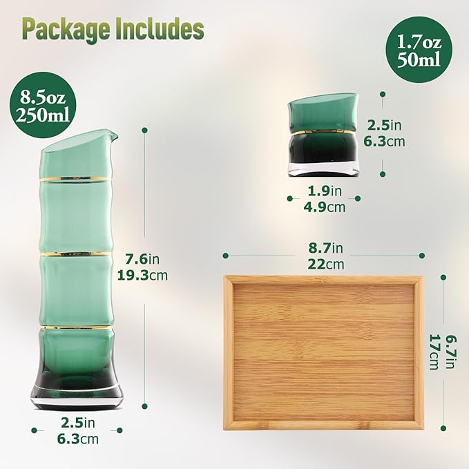 DUJUST Japanese Sake Set for 4, Bamboo Design in Golden Trim, 1 Sake Bottle, 1 Wooden Sake Tray, and 4 Sake Cups, Cold/Warm/Hot Sake Carafe, Special Japanese Gifts Set - 6 pcs (Gradient Green)